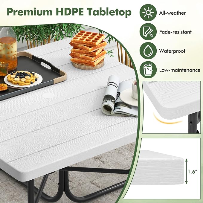 Square Picnic Table for 8 Person, Outside Table Bench Set w/ 4 Built-in Benches, Umbrella Hole, HDPE Top & Metal Frame, 2000LBS Capacity Outdoor Picnic Table for Garden, Porch, Patio (White)