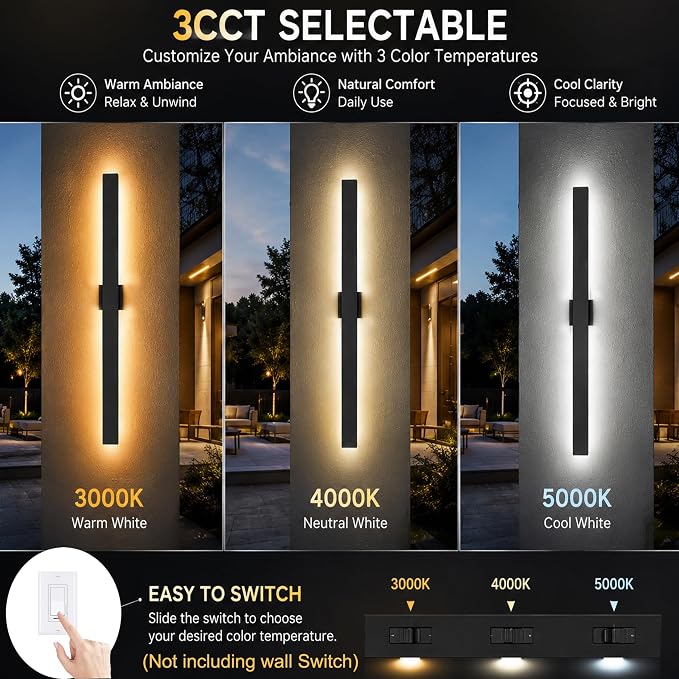 2Pack Modern Outdoor Wall Lights Dimmable,23.6" Linear Led Exterior Wall Light,3CCT, Aluminum& PC,IP65-Waterproof, Long Exterior Lighting Fixtures for Front Door,Stair, Black,Wall,Garage