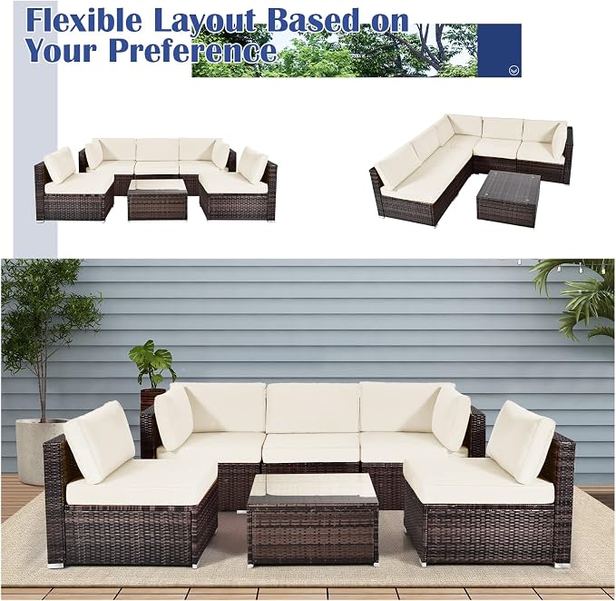 DORTALA 6 Pieces Patio Furniture Set, Outdoor Wicker Conversation Set with Glass Coffee Table, Wicker Sofa Set with Back & Seat Cushions, Rattan Sectional Conversation Couch Set, White