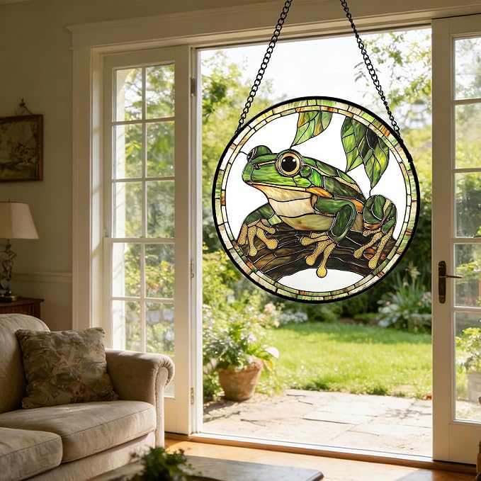 DASTOLL Stained Glass Window Hanging, Frog Green Leaf Sun Catchers Colorful Glass Panel Cool Suncatcher Decor for Birthday for Women, Men, Wife, Aunt, and Mom 11.8x11.8 in