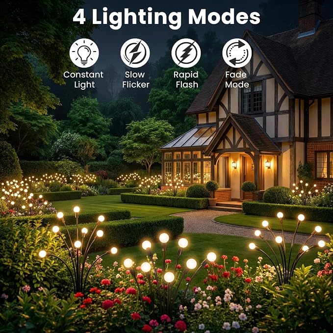 Solar Lights Outdoor(4 Pack,32 LEDs),Solar Lights Outdoor Waterproof for Garden Decor,4 Modes Firefly Light for Outdoor Decor,Big Bulb High Lumens Patio Decor,Sway by Wind,Gardening Gifts for Women