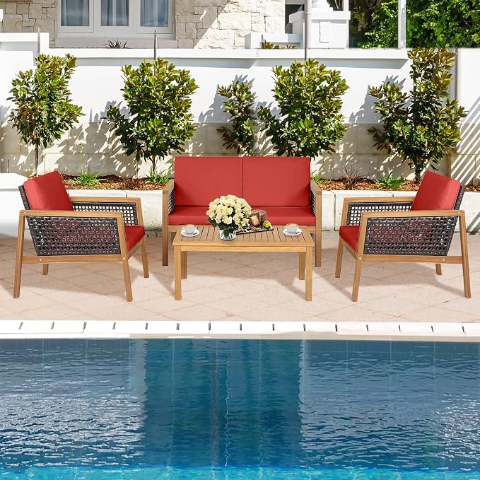 8 Pieces Outdoor Acacia Wood Furniture Set, Outdoor PE Wicker Conversation Set with Coffee Table and Soft Cushions, Outdoor Sofa Set for Garden, Poolside and Backyard (2, Red)