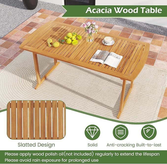 Tangkula 63-Inch Acacia Wood Outdoor Dining Table, 4-6 People Large Patio Table with Umbrella Hole & Slatted Tabletop, Rectangular Outside Table for Backyard, Garden, Porch, Deck