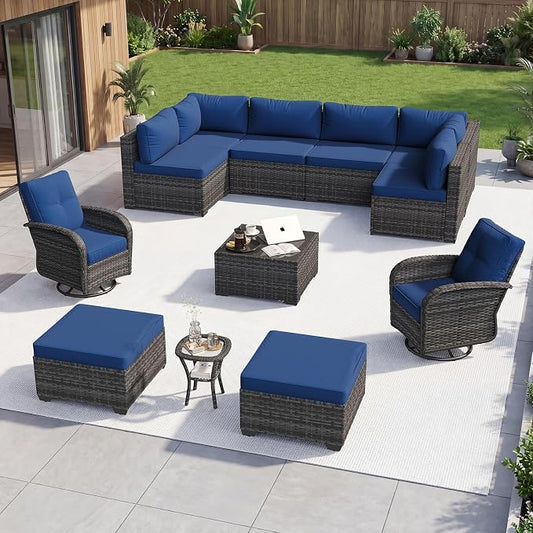 Aoxun 12 Piece Outdoor Patio Furniture Set with Coffee Table, Wicker Rattan Outdoor Furniture with High Back Swivel Rocker Chairs, Outdoor Conversation Set with Thick Cushion & Ottoman, Navy Blue