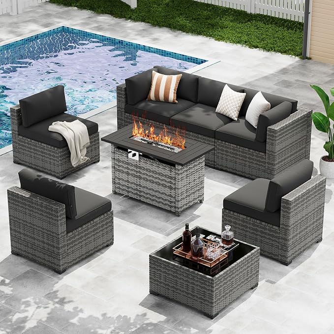 LazySunsets 8-Piece Patio Furniture Set with 44" Fire Pit Table, Wicker Outdoor Furniture, Patio Conversation Sets with Coffee Table, Outdoor Sectional Couch, Black