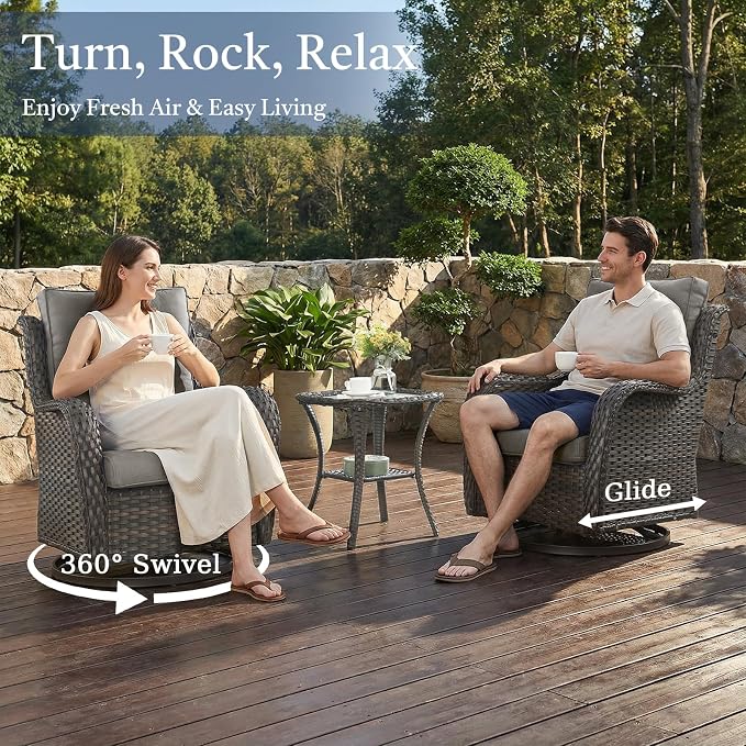 6 Piece Patio Furniture Set with Ottoman - All Weather Patio Conversation Set with 4 Inch Thick Cushions and Deep Seating Swivel Glider Chairs & Outdoor Couch for Porch Deck Yard Pool