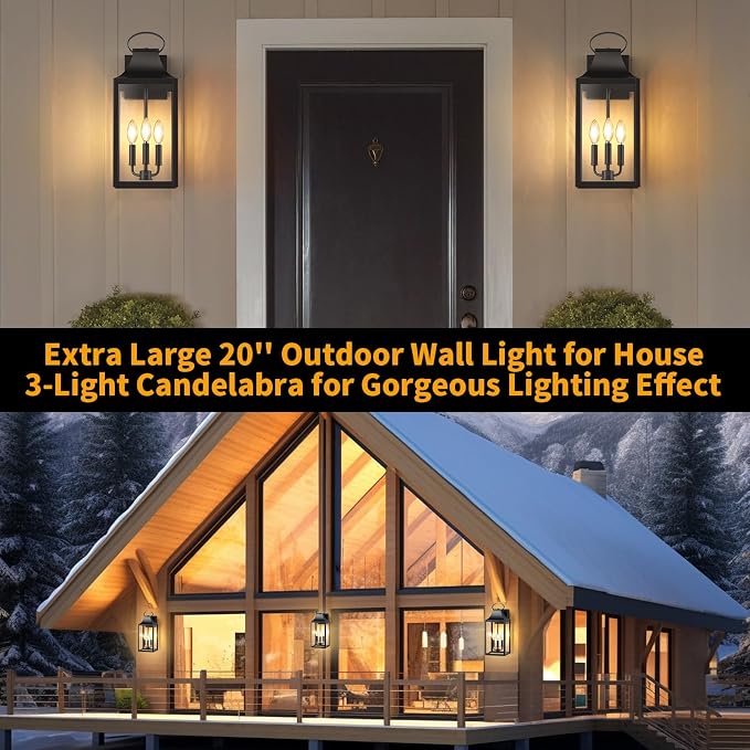 20" Extra Large Outdoor Wall Light, Black Exterior Lighting Fixtures | Waterproof Wall Mount Porch Lantern with 3-Light, Modern Outside Wall Sconce Garage Coach Light with Clear Glass, 1 Pack