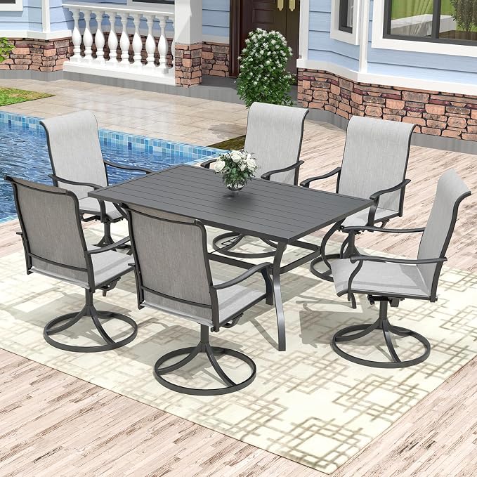 Anmutig 7 Pieces Patio Dining Set, Outdoor Table and Chairs Set for7, 6 x Grey Textilene Dining Chair, 1 Rectangle Outdoor Dining Table with 1.6"/1.9" Umbrella Hole for Lawn Garden Backyard Deck, Grey