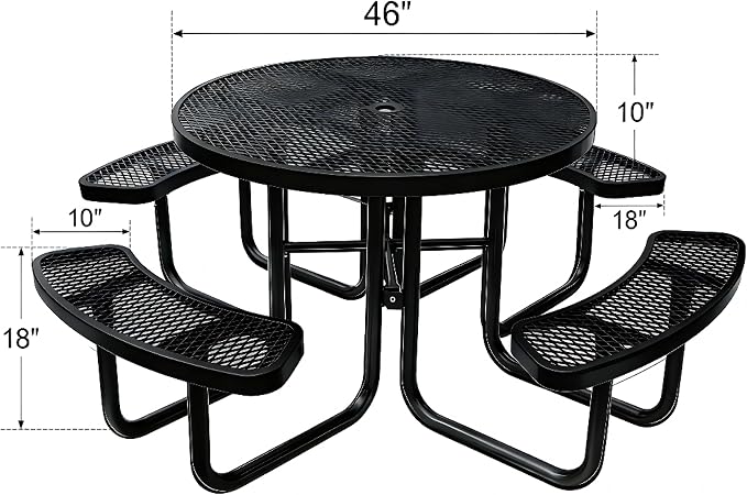 Garvee Heavy Duty Metal Picnic Tables for Outdoors with Umbrella Hole, 46" Round Top Patio Table Coated Steel Commercial Grade Furniture Set Weather & Rust Resistant (Expanded Steel, Black)