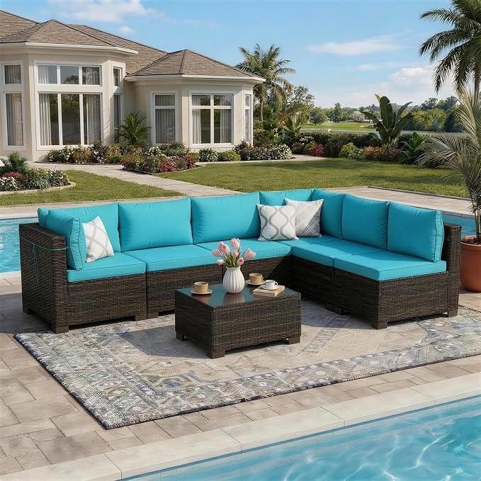LAFWLL 7 Pieces Outdoor Patio Furniture Sets,Rattan Conversation Sectional Set,Manual Weaving Wicker Patio Sofa with Tea Table