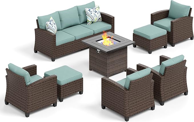 HERA'S HOUSE Wicker Patio Furniture Set with Fire Pit, 8 Pieces Outdoor Sectional Conversation Sets, Deep Seating Sofa for Lawn Deck Garden, Blue