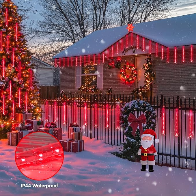 JMEXSUSS Red Solar Christmas Lights Outdoor, 8 Tube 144 LEDs | Solar Meteor Shower Rain Lights, Red Twinkle Light for Tree Eaves Fence Christmas Decorations