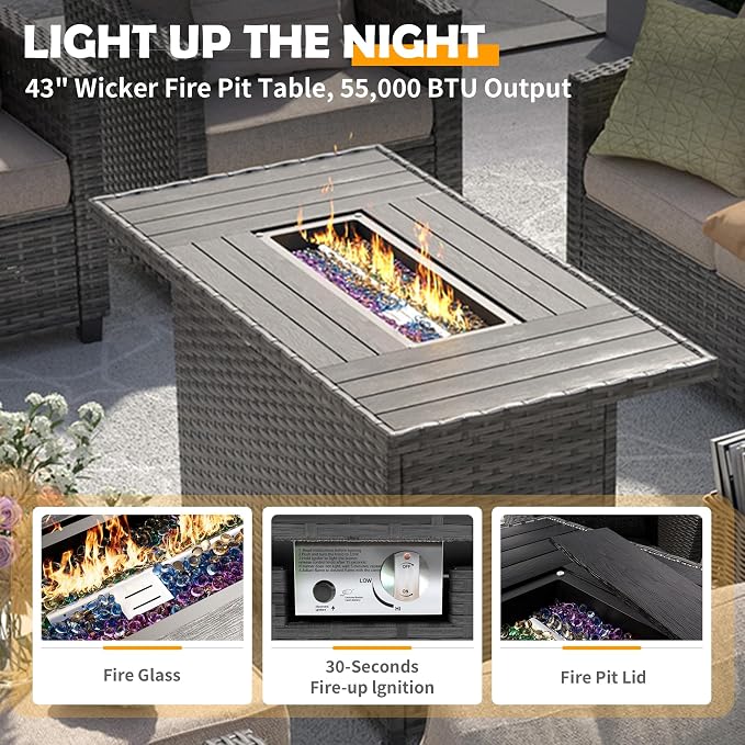 UDPATIO Outdoor Patio Furniture Set with 44" Fire Pit Table, 8 Pieces Sectional Conversation Sets, All-Weather Wicker Rattan Sofa Ottoman with 4" Thick Cushion for Garden Backyard Deck, Navy Blue
