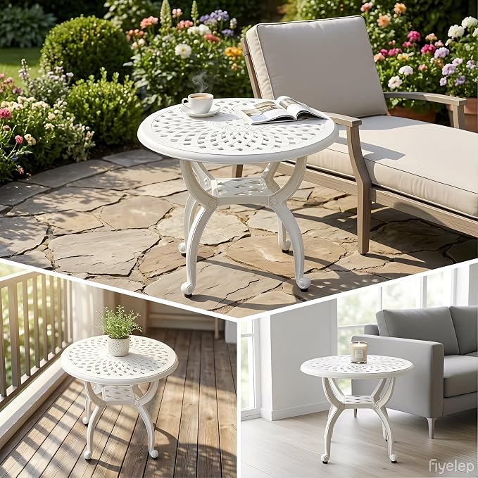 Round Outdoor Coffee Table, Cast Aluminum Side Table with Storage,Indoor End Table, All-Weather Bistro Table for Patio Garden Lawn,White