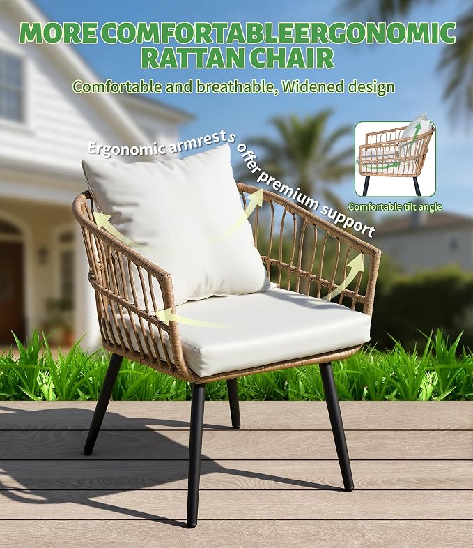 3-Piece Outdoor Patio Bistro Set, Wicker Chairs with Cushions, PE Rattan All-Weather Conversation Set with Coffee Table for Balcony, Porch, Backyard, Poolside, Garden, Deck, Khaki