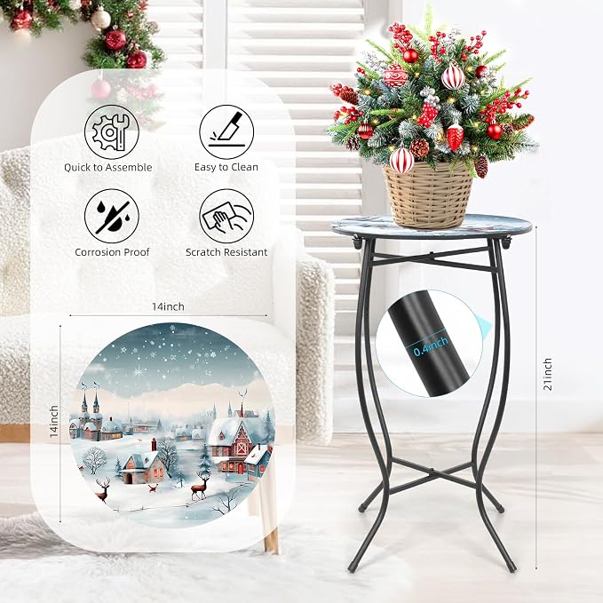 21 Inch Tall Metal Side Table, Unique Christmas Tabletop with Metal Frame, Round End Bedside Table Accent Table for Bedroom Patio Yard Porch Balcony Garden