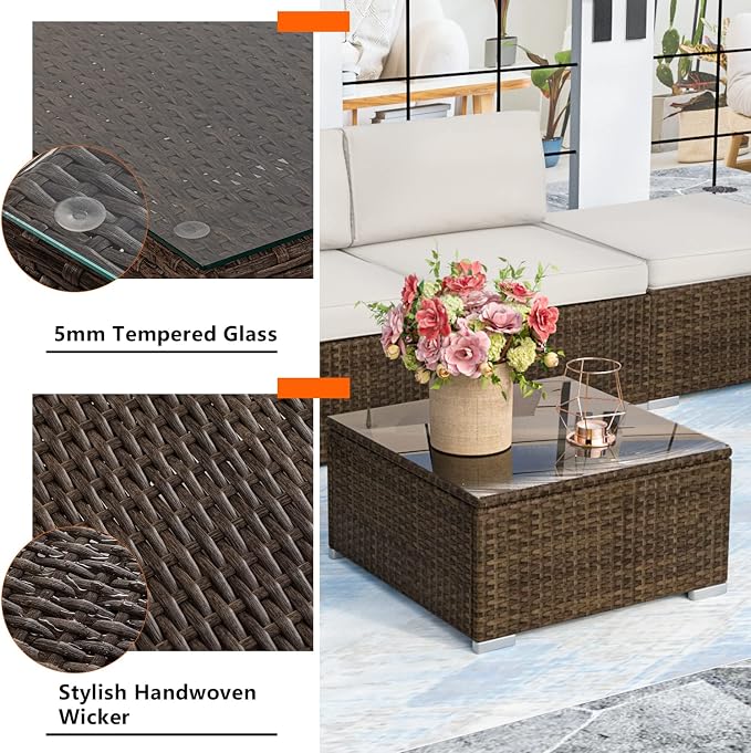 HOMPUS Outdoor Patio Furniture Brown Wicker Coffee Table for Sectional Sofa