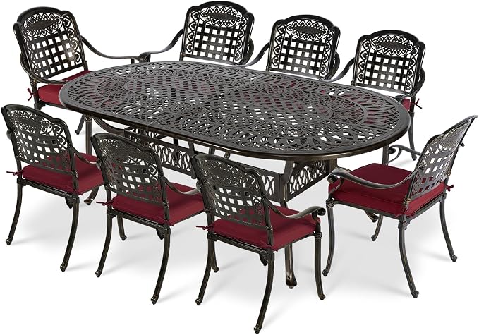VIVIJASON 9-Piece Patio Furniture Dining Set, Rust-Free Cast Aluminum Outdoor Conversation Set, Include 8 Cushioned Chairs and an Oval Table with Umbrella Hole for Balcony Lawn Backyard, Red Cushion