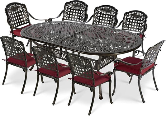 VIVIJASON 9-Piece Patio Furniture Dining Set, Rust-Free Cast Aluminum Outdoor Conversation Set, Include 8 Cushioned Chairs and an Oval Table with Umbrella Hole for Balcony Lawn Backyard, Red Cushion