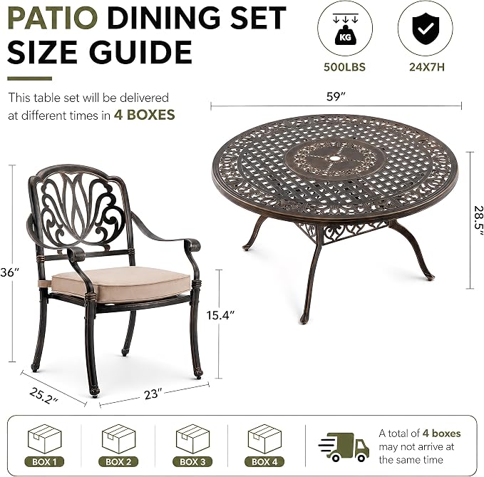 7 Piece Outdoor Dining Set Cast Aluminum, Retro Patio Dining Furniture Set for 6 Includes 54’’ Round Table 6 Chairs with Thicker Cushion and Umbrella Hole for Patio Deck Garden