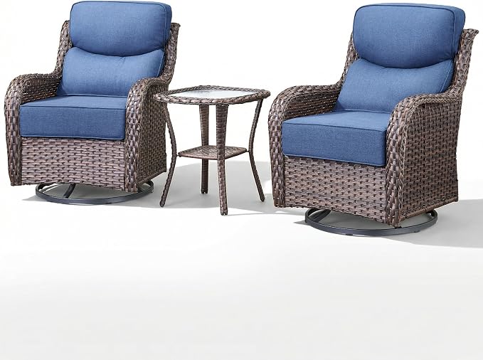 Luxury Outdoor Swivel Rocker Patio Chairs-3 Piece Wicker Patio Rocking Chairs Set of 2 with Glass Side Table 6" Thick Cushions High Back Outdoor Furniture Sets for Deck Porch Balcony(Brown/Blue)