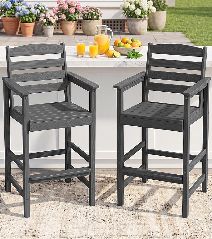 SERWALL Tall Adirondack Chairs Set of 2, Balcony Adirondack Chairs Set, Outdoor Bar Height Widened Chair Set for Bistro, Poolside, Garden, Grey