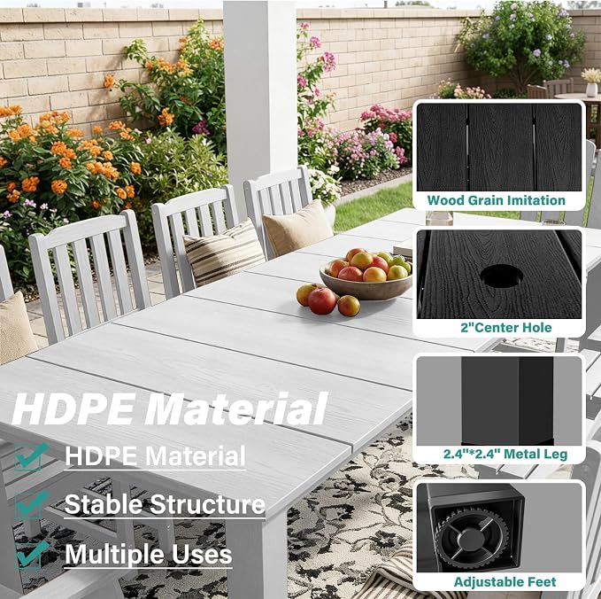 11 Piece HDPE Outdoor Dining Set for 10, Patio Furniture, White | 89.4” table,Heavy-duty 10 seat patio set, mixed chair waterproof HDPE and ALU low maintenance and stable for all-season use