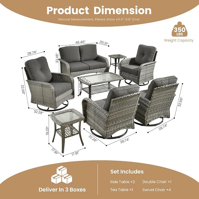 CAODOC 8-Piece Wicker Patio Furniture Set, All-Weather Rattan Conversation Bistro Loveseat Chair and Patio Rockers Set for Backyard, Balcony and Deck with Soft Cushions and Metal Table(Black)