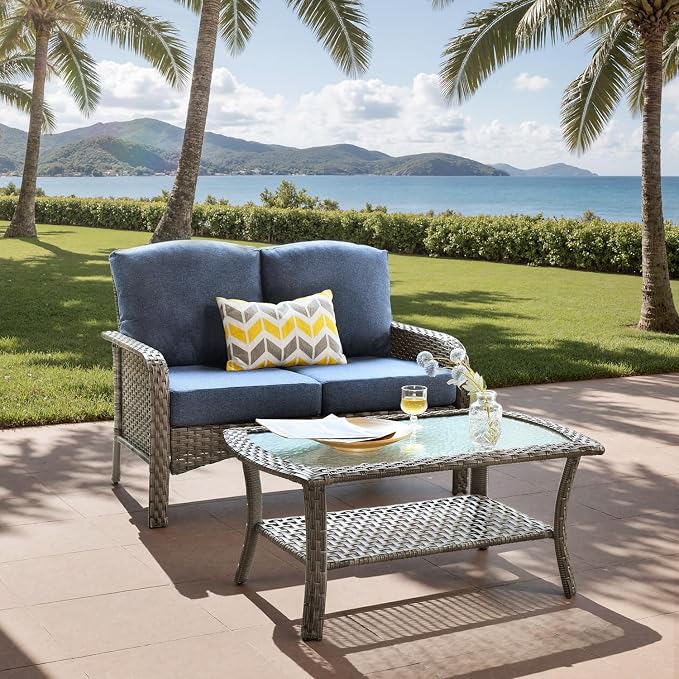 2-Piece Outdoor Patio Furniture Set with Coffee Table, Outdoor Conversation Wicker Sofa with Thickened Cushions, Rattan Couch for Deck Yard Poolside, Blue