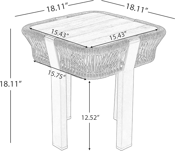 Acacia Wood Side Table, Square Outdoor End Table with Rope & Metal Frame, Small Outdoor Table for Patio, Garden, Poolside, Deck w/UV-Resistant Frame,120 lbs Capacity, Beige+Teak