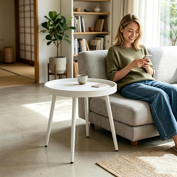 Small Round Side Table - Outdoor Indoor Metal Side Table with Anti-Fall Fence - Small Coffee Drink End Tables for Patio, Living Room Bedroom Porch -White