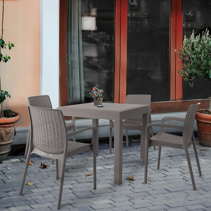DIMAR GARDEN 5 Piece Patio Dinning Chairs Set, 31.5" Square Table with Umbrella Hole, Resin Dining Chairs with High Back and Armrest, Flax Gray