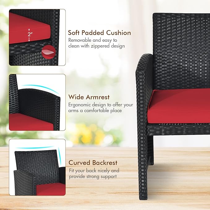 Goplus Rattan Patio Furniture Set 4 Pieces, Outdoor Wicker Conversation Sofa and Table Set with Soft Cushions & Tempered Glass Coffee Table for Balcony Garden Backyard (Red)