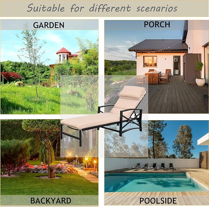 LOKATSE Home Outdoor Adjustable Chaise Patio Steel Furniture Metal Lounge Chair with Cushion