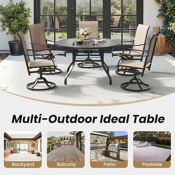 HRVEOCEI 47" Outdoor Round Table with Umbrella Hole, Metal Patio Dining Tables for Lawn Garden, Wood-Like Grain Bistro Table Outdoor for Backyard,Poolside,Deck,Por (Black, Round)