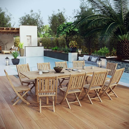 Modway EEI-3284-NAT-SET Marina Premium Grade A Teak Wood 11-Piece Outdoor Patio Dining Furniture Set, Ten Folding Armchair/One Table, Natural