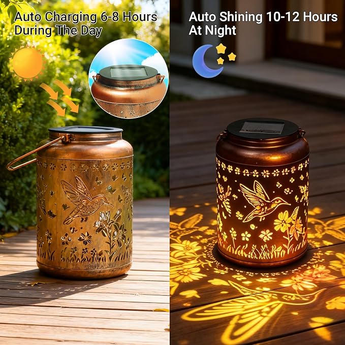 Waterproof Metal Hummingbird Solar Lantern Outdoor Hanging Garden Light | Colorful LED metal hummingbird lantern; durable, waterproof outdoor decor perfect for patio, yard, or as a gift for women