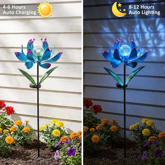 Solar Wind Spinner Outdoor Metal - Kinetic Lotus Flower Garden Sculptures & Spinners with Crackle Glass Lighting, 360° Spinning Yard Art Decor for Patio, Lawn, Pathway, Gifts for Women