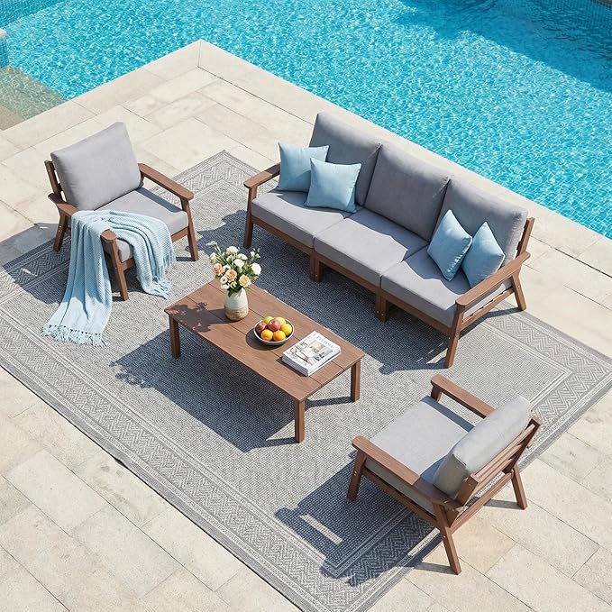 LOUNZY HDPE Patio Furinture Set, 6 Piece Sectional Sofa Outdoor Furniture Set, All Weather Outdoor Couch Set Patio Conversation Set for Deck, Lawn, Brown