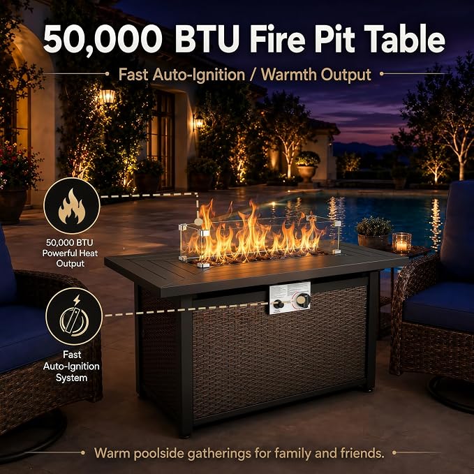 HUMMUH 5-Piece Wicker Swivel Rocker Patio Set with Fire Pit | 50,000 BTU fire pit, powder-coated steel frame, PE wicker, 360-degree swivel, 4-inch sponge cushions