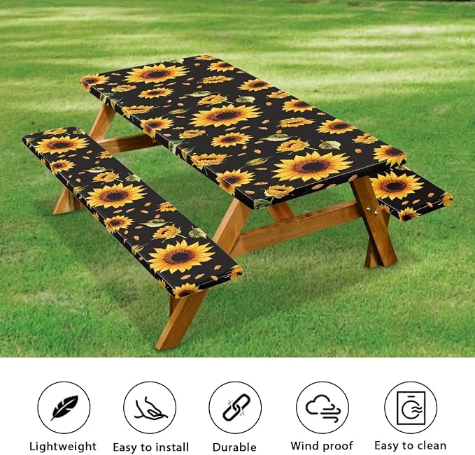 Sunflower Leaf Picnic Table Cover with Bench Covers Waterproof Rectangle Tables Patio Tablecloth Camping Gear and Essentials Rv Accessories Road Trip Supplies Car Travel Must Haves