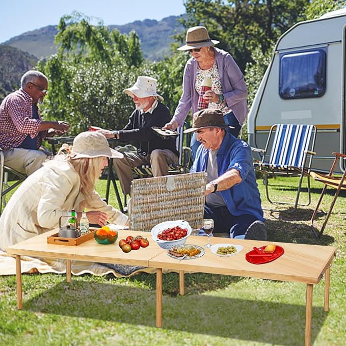 80"x28" Boho Wooden Picnic Table, Portable Outdoor Low Picnic Table with Adjustable Legs 13" & 16" for Floor Seating, Beach, Camping, BBQ, Backyard, 80x28in
