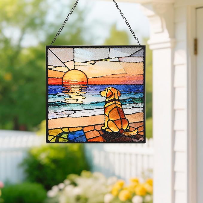 Stained Glass Window Hanging, 7.8 in Sun Catcher Glass Panel Boho Wall Art Decor with Chain Diamond Glass Panel Hangings Scenery Sun Catchers Decor for Birthday for Lover Couple Mom (Dog)