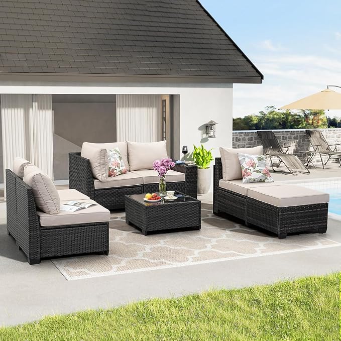 7 Pieces Outdoor Patio Furniture Set, Wicker Conversation Sets with Tea Table, Rattan Patio Sofa with Thick Cushions for Garden, Backyard Porch, Poolside,Beige