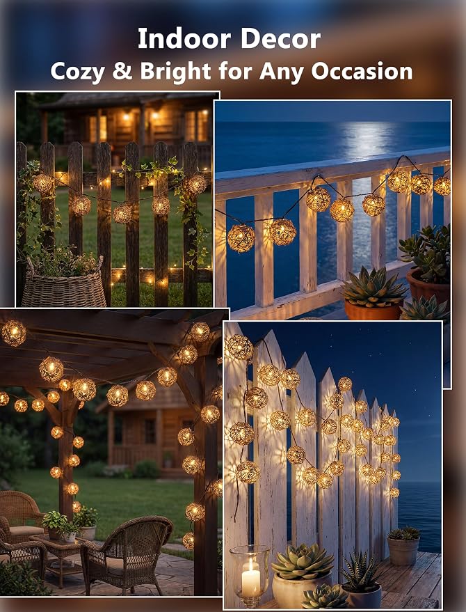 Rattan Ball String Lights, Handmade Boho Wicker Vine Lantern Lights with 10 LED Bulbs, 8.5FT Connectable Indoor Outdoor String Light Plug in for Bedroom X-mas Wedding Garden Party Decor