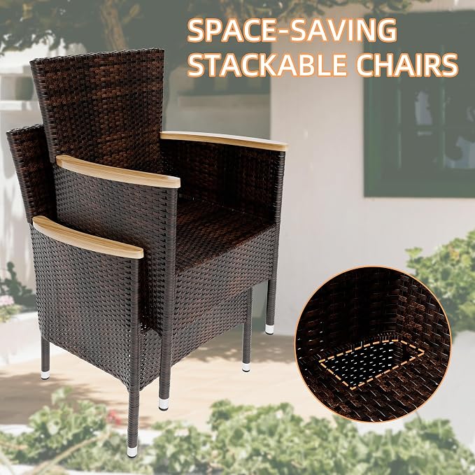 Vongrasig 5 Piece Small Patio Dining Set, Space-Saving Outdoor Wicker Furniture Conversation Set with Wood Table and Cushioned Rattan Chairs for Lawn, Garden, and Backyard (Brown)