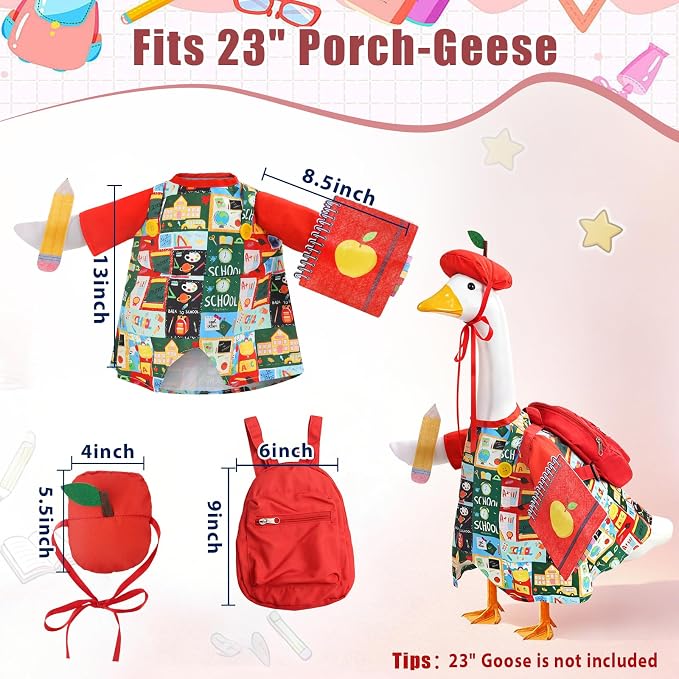 Back to School Porch Goose Outfit with Schoolbag for School Outdoor Decor | Fits 23'' Goose Statues, with Apple Hat, School Bag, Pencil, and Notebook, for Classroom Garden Yard Lawn Patio Decoration