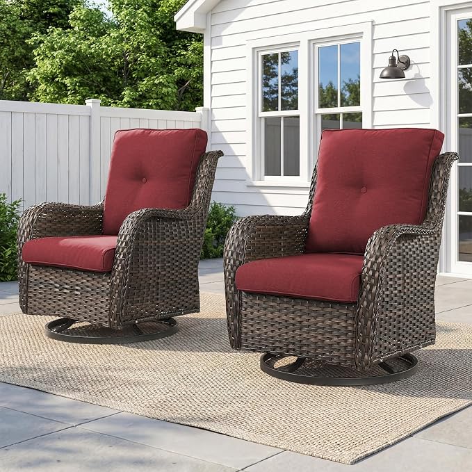 Belord Outdoor Swivel Chairs Set of 2,Patio Wicker Rocker Chairs,All Weather Patio Conversation Furniture Set, Ideal for Porch Balcony Deck Yard, Brown Wicker/Red