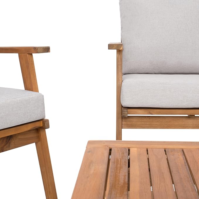 SAFAVIEH PAT7305E-2BX Collection Castalia Acacia Wood Cushion 4-Piece Conversation Patio Outdoor Living Set, Natural/Light Grey