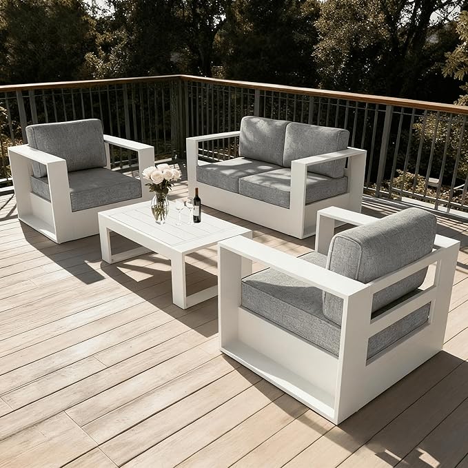 LayinSun Oversized Aluminum Outdoor Furniture Set, 4 Piece Patio Sofa Sets with Coffee Table, Deep Seating and Upgraded 6-inch Cushions for Porch, Balcony, Deck